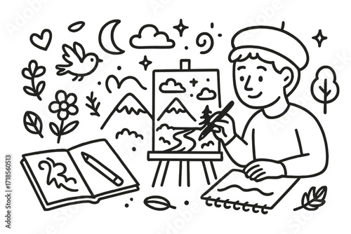 Dreamy Landscape Sketch. Hand-drawn doodle illustration Artist sketching dreamy landscape [sketchbook, pencil, mountain, moon, star, cloud, tree, flower, bird,