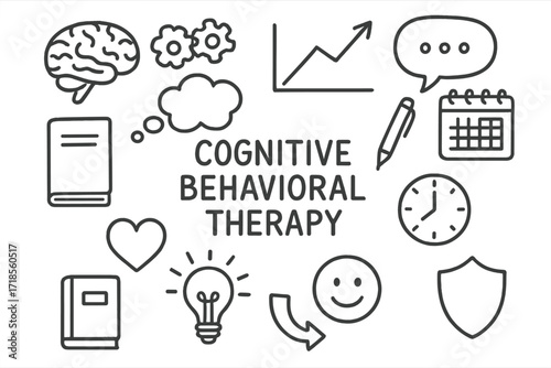 Cognitive Therapy Doodle. Hand-drawn doodle illustration Cognitive behavioral therapy [brain, thought bubble, gears, chart, notebook, pen, calendar, speech