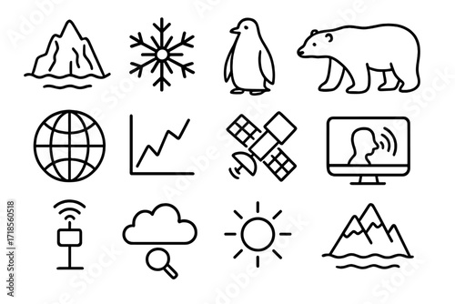 Polar Region Doodle Icons. Hand-drawn doodle illustration digital twins for polar regions iceberg, snowflake, penguin, polar bear, globe, chart, satellite,