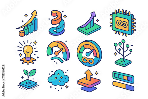 Exponential Tech Icons. Colorful isometric vector icons set of exponential tech growth: data growth chart, tech evolution spiral, curve of acceleration,