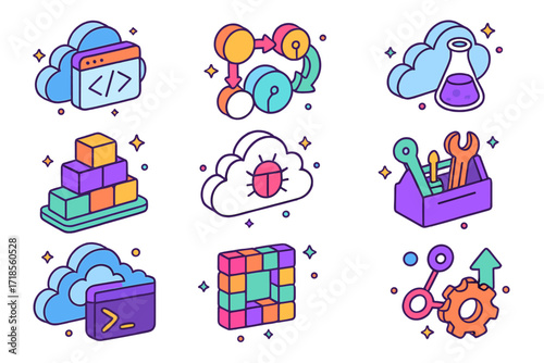 Colorful Cloud Tools Icons. Colorful isometric vector icons set of cloud development tools: code editor in cloud, CI/CD pipeline, version control cloud, cloud