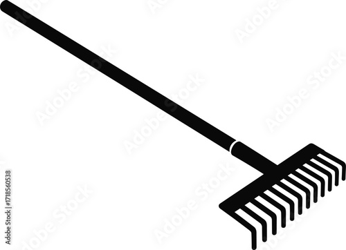Black garden rake silhouette isolated on white background, farming hand tool illustration for agriculture, landscaping, lawn care, outdoor yard maintenance.