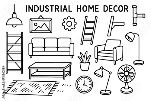 Industrial Home Doodle. Hand-drawn doodle illustration [Industrial home decor] [sofa, armchair, coffee table, rug, metal shelf, pendant light, gear, ladder,