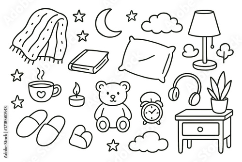 Bedtime Icons Collection. Hand-drawn doodle illustration winding down before bed blanket, cup of tea, book, pillow, slippers, lamp, teddy bear, stars, moon,