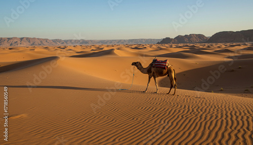 Fototapeta Naklejka Na Ścianę i Meble -  Camel in the Desert at Sunset with Sand Dunes