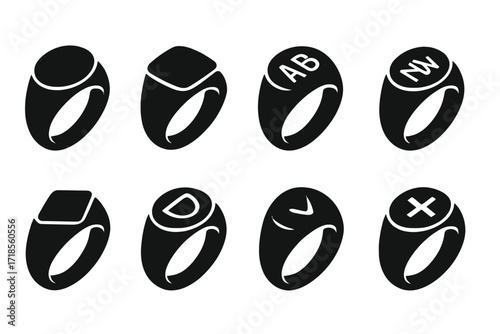 Minimalist Signet Ring Icons. Solid, filled icon set of modern signet rings: sleek design, minimalist face, flat band, engraved initials, monogram, geometric