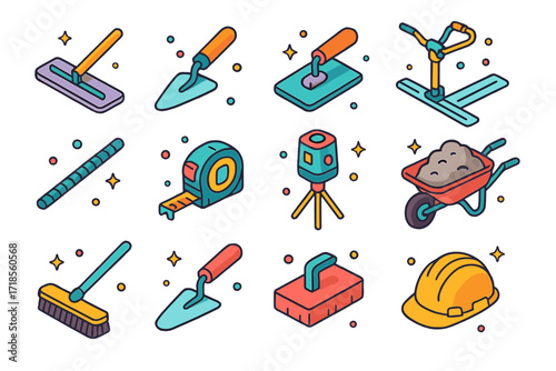 Concrete Tools Icons. Colorful isometric vector icons set of concrete tools and equipment: bull float, hand trowel, joint groover, power screed, steel rebar,