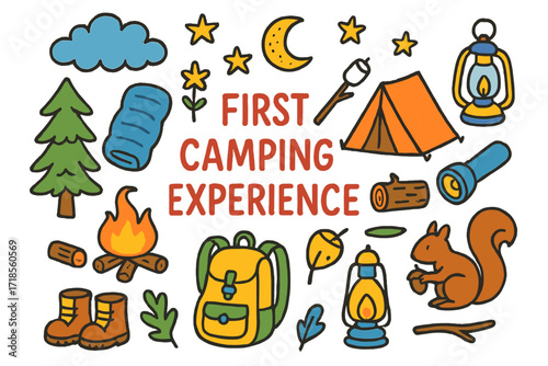 Children's Camping Adventure. Colorful Hand-drawn doodle Children illustration First Camping Experience [tent, campfire, marshmallow on stick, backpack,