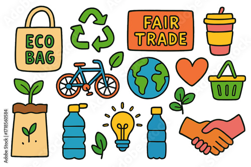 Eco-Friendly Doodles. Colorful Hand-drawn doodle Children illustration Ethical consumerism eco bag, recycling symbol, reusable cup, fair trade label, bicycle,