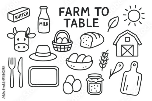 Farm to Table Icons. Hand-drawn doodle illustration Cross-training with Rower kettlebell, dumbbell, rowing machine, jump rope, water bottle, push-up icon,