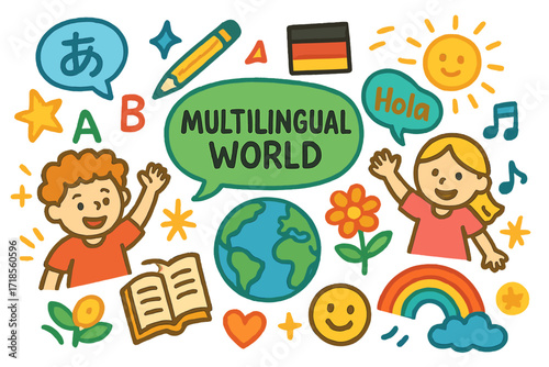 Multilingual World Doodles. Colorful Hand-drawn doodle Children illustration Multilingual World [speech bubbles, letters, book, globe, pencil, rainbow, star,