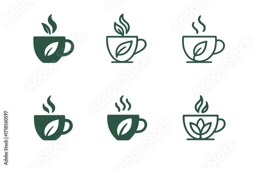 Herbal Tea Logos. Wellness. Set Logo of Wellness: Herbal tea cup. harmonious logo variations of the same emblematic concept, each with different artistic