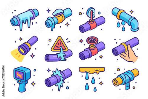 Colorful Pipe Inspection Icons. Colorful isometric vector icons set of checking frozen pipes: icy water pipe, frost-covered valve, pipe thermometer, leaking