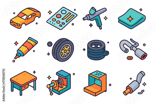 Car Model Icon Set. Colorful isometric vector icons set of car model building: plastic car frame, racing decals sheet, modeling glue, paint airbrush, car wheel