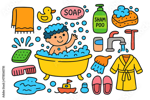 Bath Time Fun. Colorful Hand-drawn doodle Children illustration Bath Time towel, rubber duck, soap, shampoo, bubble bath, bathtub, washcloth, water splash,