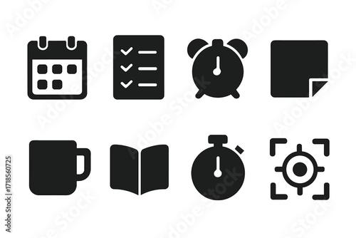 Study Habits Icons. Solid, filled icon set of study habits: calendar, checklist, alarm clock, sticky notes, coffee mug, open book, timer, focus icon. Solid,