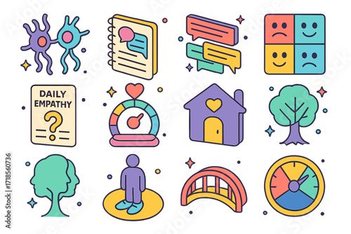 Empathy Practices Icons. Colorful isometric vector icons set of empathy-building practices: mirror neurons symbol, journal of thoughts, reflective listening