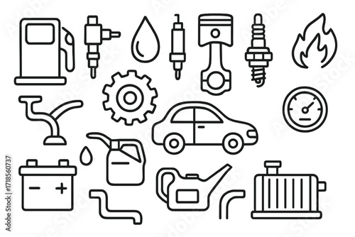 Fuel System Doodles. Hand-drawn doodle illustration fuel system fuel pump, injector, droplet, cylinder, piston, spark plug, flame, valve, gear, battery, pipe,