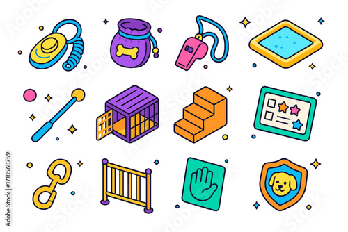 Puppy Training Tools. Colorful isometric vector icons set of Puppy training tools: clicker, treat pouch, training whistle, potty pad, target stick, crate with