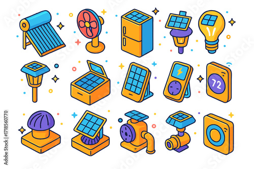 Solar Appliance Icons. Colorful isometric vector icons set of solar-powered home appliances: solar water heater, solar fan, solar-powered fridge, solar light
