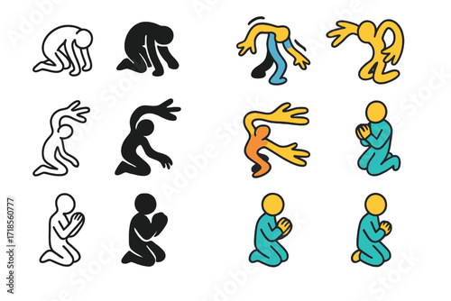 Distorted Silhouette Icons. Icon Set of Distorted Body Silhouette Emotions: Collapsing posture, Reaching warped arms, Kneeling figure. Icons set in vector