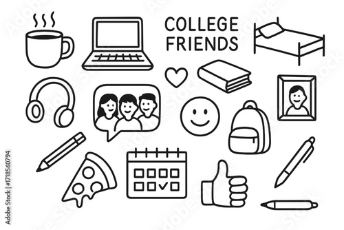 College Friends Icons. Hand-drawn doodle illustration College friends coffee mug, laptop, book, dorm bed, headphones, photo frame, heart, pencil, smiley,