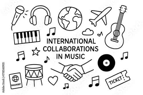Global Music Collaboration. Hand-drawn doodle illustration International collaborations in music [microphone, headphones, guitar, piano keys, drum, globe,