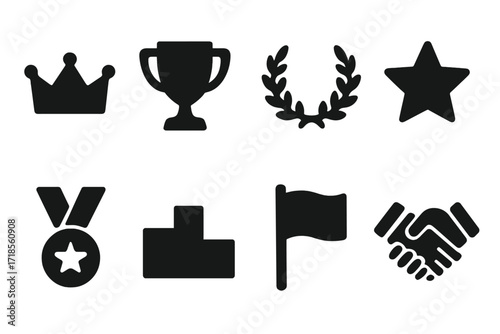 Executive Icon Set. Solid, filled icon set of executive leadership: crown, trophy, laurel wreath, star, medal, podium, flag, handshake. Solid, filled icons in