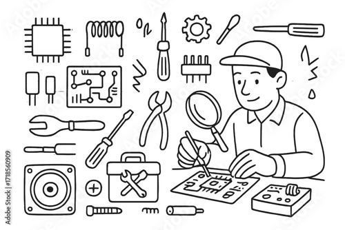 Radio Technician Doodles. Hand-drawn doodle illustration Technician assembling radio components microchip, capacitor, coil, circuit board, antenna,