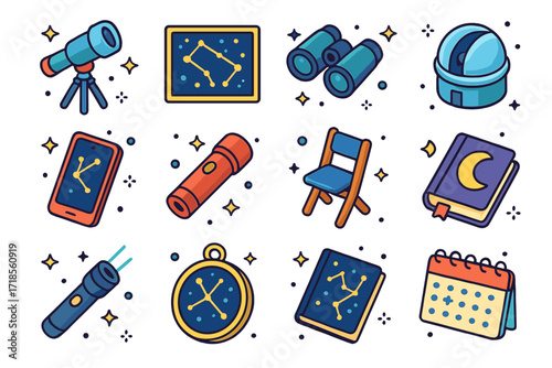 Astronomy Icons Set. Colorful isometric vector icons set of Astronomy tools and stargazing: telescope on tripod, star map, binoculars, observation dome, night