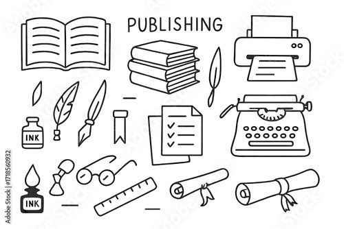 Publishing Doodle Icons. Publishing. Hand-drawn doodle illustration open book, stack of books, printer, typewriter, scroll, ink pen, paper sheets, ruler,