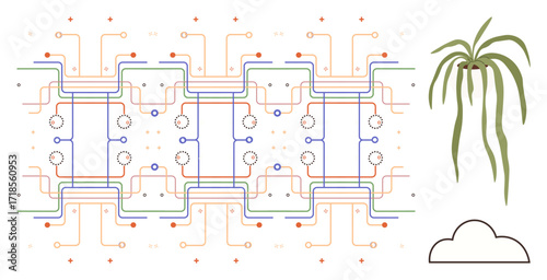 Circuit patterns represent technological networks. Positioned with a green plant and cloud, merging innovation with nature. Ideal for sustainability, eco-tech, AI, future technology, data