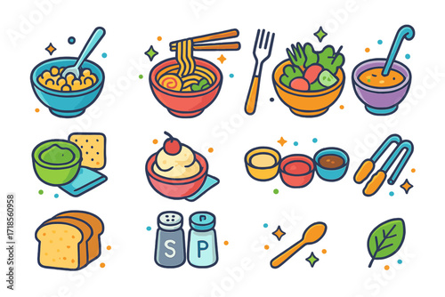 Colorful Bowl Icons. Colorful isometric vector icons set of bowls with utensils and extras: spoon in cereal bowl, chopsticks with ramen bowl, fork in salad