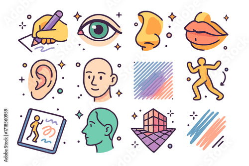 Isometric Drawing Icons. Practice sketches. Colorful isometric vector icons set of practice sketches: hand drawing, eye sketch, nose sketch, lips sketch, ear