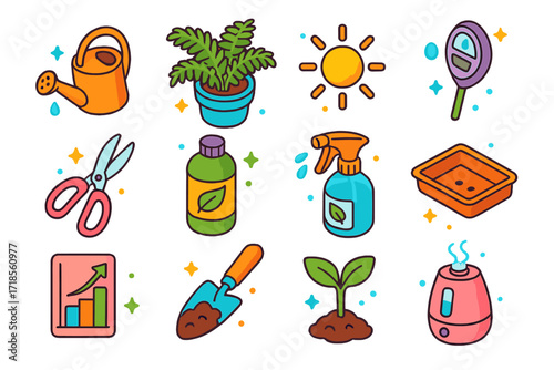 Houseplant Care Icons Set. Colorful isometric vector icons set of houseplant care basics: watering can, potted fern, sunlight icon, moisture meter, pruning