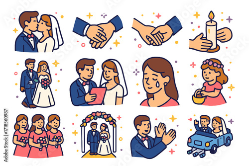 Wedding Ceremony Icons. Colorful isometric vector icons set of Wedding ceremony moments: first kiss, ring exchange, holding hands, lighting unity candle,