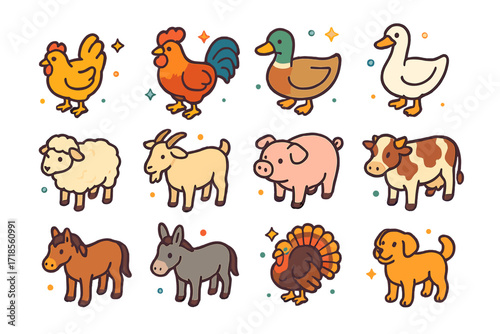 Farm Animal Icons. Farm animals. Colorful isometric vector icons set of farm animals: chicken, rooster, duck, goose, sheep, goat, pig, cow, horse, donkey,