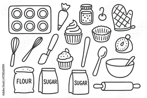 Cupcake Doodle Essentials. Hand-drawn doodle illustration Cupcake tray [cupcake tray, frosting bag, sprinkles jar, oven mitt, whisk, spatula, cupcake, cherry
