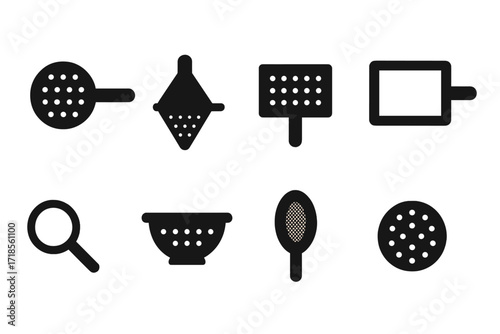 Black Strainer Icons. Solid, filled icon set of strainer shapes: round strainer, conical strainer, square strainer, rectangular sieve, mesh scoop, bowl