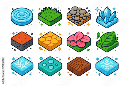 Nature Texture Icons. Colorful isometric vector icons set of nature-inspired textures: water ripples, grassy patch, pebble ground, icy crystals, volcanic ash,