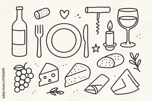 Elegant Dining Doodles. Hand-drawn doodle illustration Fine dining with wine [wine bottle, cork, corkscrew, glass, plate, fork, knife, candle, bread, cheese