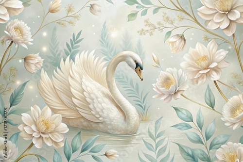 Serene Swan Amidst a Dreamlike Floral Haven of Pale Blossoms and Delicate Greenery
