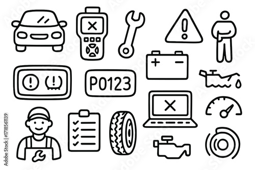 Vehicle Diagnostics Icons. Hand-drawn doodle illustration vehicle diagnostics car icon, scanner tool, wrench, alert light, dashboard display, error code,