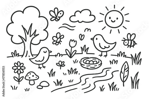 Peaceful Nature Doodles. Hand-drawn doodle illustration Peaceful Nature Scene meadow, tree, bird, flower, sun, cloud, breeze lines, butterfly, bee, rock,