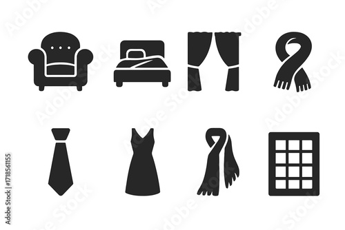 Silk Uses Icons. Solid, filled icon set of silk uses: silk upholstery, silk bedding, silk curtains, silk scarves, silk ties, silk dresses, silk wall hangings,
