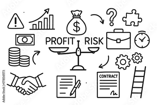 Balancing Profit and Risk. Hand-drawn doodle illustration Balancing profit and risk scale, money bag, coin stack, dollar bill, chart, arrows, briefcase,