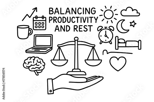 Balancing Work and Rest. Hand-drawn doodle illustration Balancing productivity and rest [clock, alarm, bed, coffee cup, laptop, calendar, sun, moon, cloud,