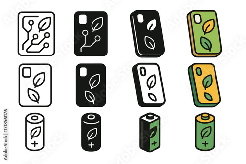 Biodegradable Electronics Icons. Icon Set of Biodegradable Electronics Basics: Eco-friendly circuit board, Compostable phone case, Plant-based battery. Icons