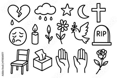 Symbolic Mourning Doodles. Hand-drawn doodle illustration loss broken heart, tear, rain cloud, star, moon, flower, candle, dove, cross, tombstone, crying face,