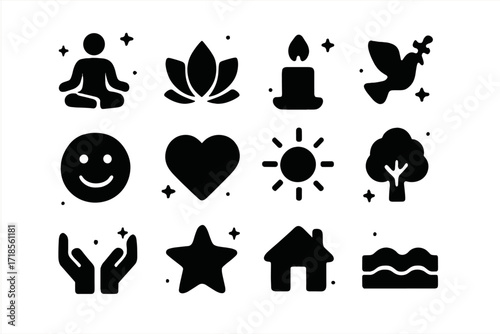 Inner Happiness Icons. Inner happiness. Solid icons set of inner happiness: meditation pose, yoga lotus, candle, peace dove, smiling face, heart, sunshine,